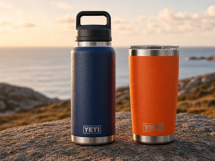Blå drikkeflaske og orange termokop på en klippe ved havet