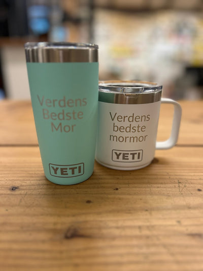 YETI tumbler og mug graveret med Verdens Bedste Mor og Verdens bedste mormor
